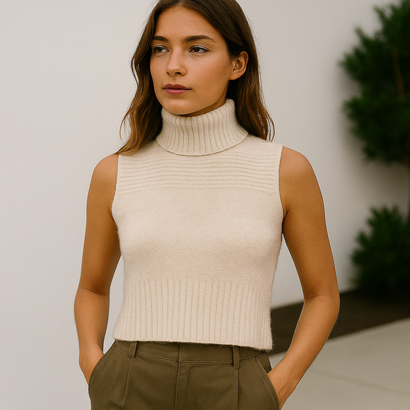 Maison de Papillon Mongolian Cashmere Crop Turtleneck Sweater Sleeveless CreamXS - Picture 1 of 15